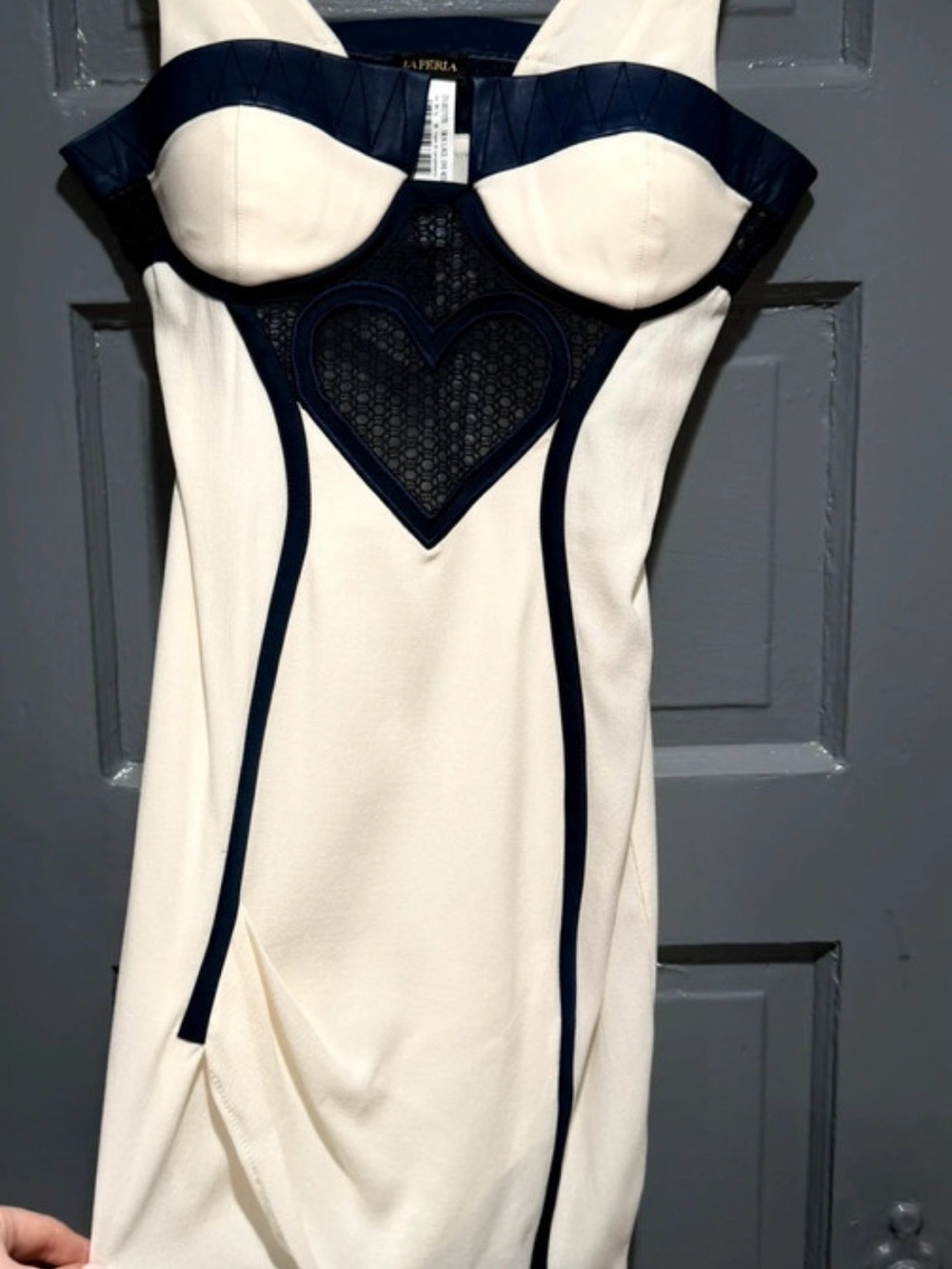 La Perla Ivory Strapless Dress with Navy Heart Lace Detail